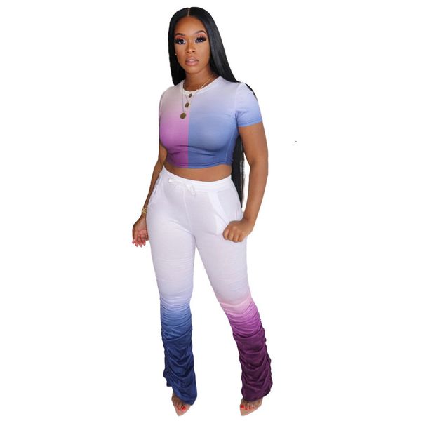 

2021 new women gradually colored street clothes the-neck short fashion shirt side ruched women's casual long pants tender leisure mlfx, Gray