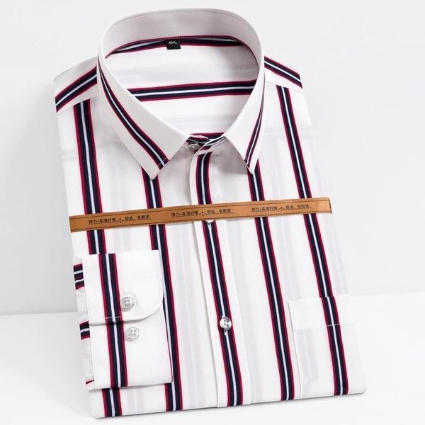 

men's casual shirts fashion long sleeve silky fabric striped single patch pocket work standard-fit easy care classic dress shirt, White;black