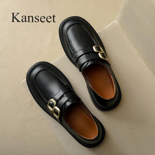 Elbise Ayakkabı Kaneet kadın Bahar 2022 Yuvarlak Toe Kemer Toka İnek Deri El Yapımı Kahverengi Slip-On Mid Teans Bayanlar Loafer'lar Boyutu 40