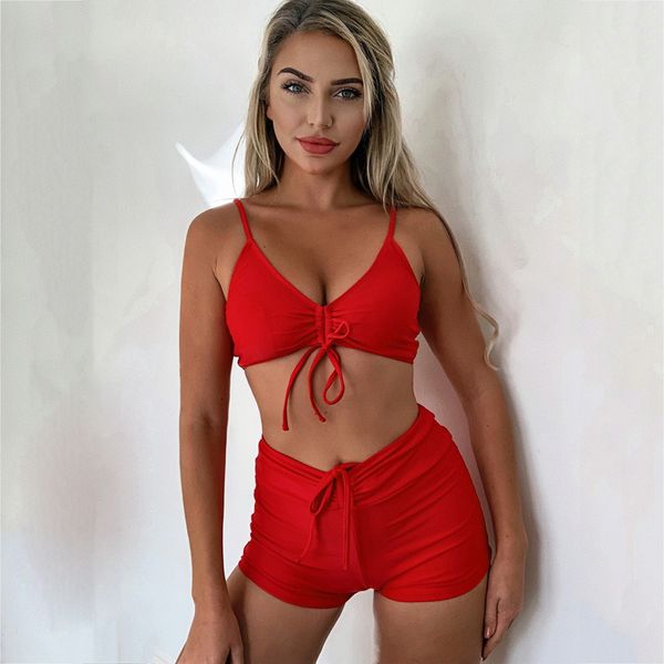 

2021 new print swimwear women tie up drawstring high waist swimsuit padding ruched 2 piece set beach party brazilian bikini ol65, White;black