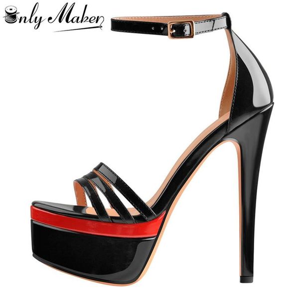 

dress shoes onlymaker women's ankle strap open toe double platform stiletto single 16cm high heel party sandals big size, Black