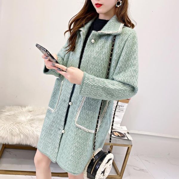 

2021 autumn casual winter false women's mink coat striped pockets unique ladies breasted cardigan jacket y188 6f7a, White;black