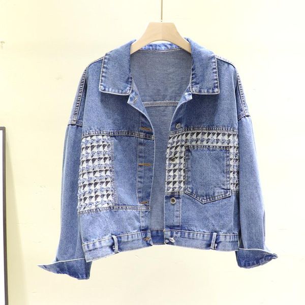 

women's jackets 2021 spring plus size short lattice splice washed black denim jacket loose kurtka jeansowa damska casual jean, Black;brown