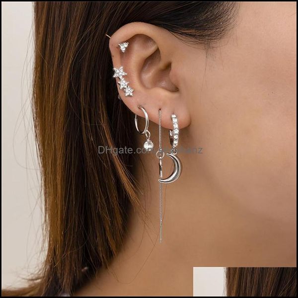 

stud earrings jewelry european crystal star moon alloy c-shaped long tassel line ear buckle women retro diamond gold sier sets drop delivery, Golden;silver