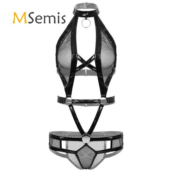 

womens lingerie mesh patent leather bodysuit hollow out halter neck o-ring strappy underwear nightclub performance costume