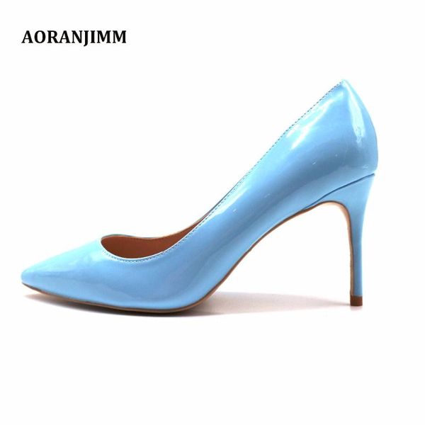 

dress shoes real pic aoranjimm light blue patent leather pointed toe women lady 120mm 10cm high heel pump, Black