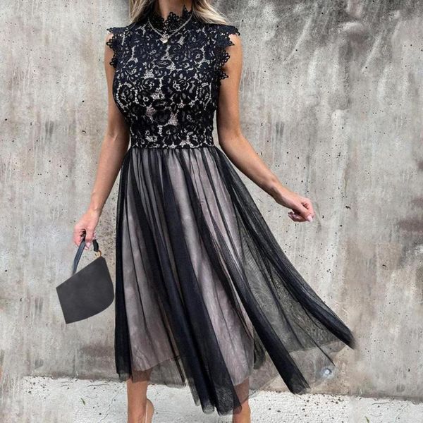 

casual dresses women dress fashion formal elegant mesh patchwork lady lace stand collar large hem high waist beach party, Black;gray