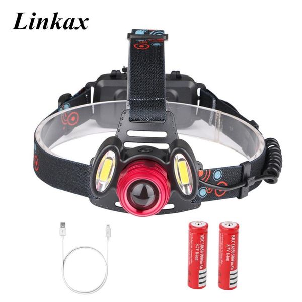 

new rechargeable headlight cree xml-t6+2* cob led headlamp zoom adjustable head lamp 18650 battery front light