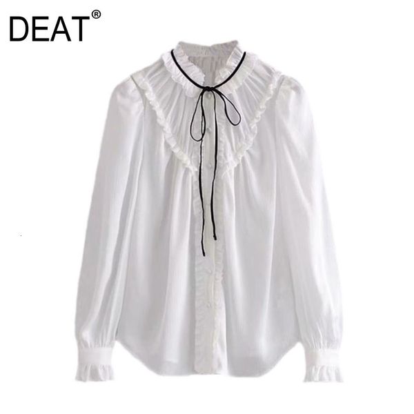 

[deat] Female White Tops Around the Long Neck Sleeveruffles Single-breasted Loose Shirt New 2021 Spring Fashion Tide Mrq7