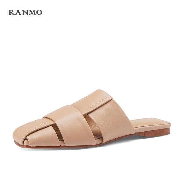 

slippers 2021 muller shoes women slip on slides fashion brand square toe leather flat sandals female outdoor casual, Black