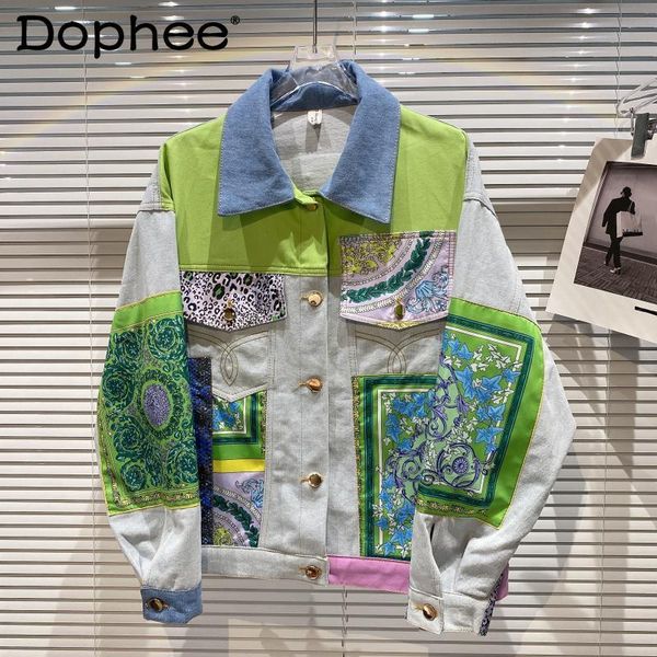 

women's jackets 2021 spring summer streetwear fashion printed color contrast patchwork denim jacket women loose long sleeve button jean, Black;brown