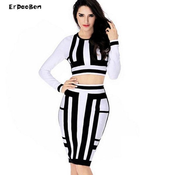 

casual dresses erdaoben 2 pieces set dress women bandage black and white color elastic imported party dr592, Black;gray