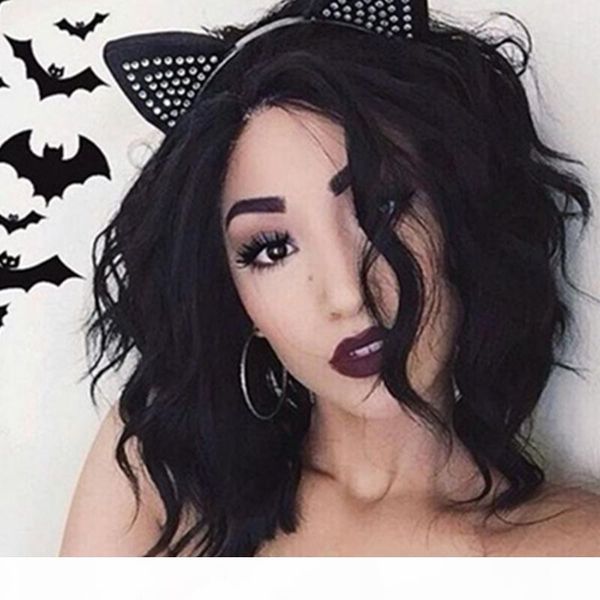 

full lace human hair wig wavy short wave natural wave pre-plucked hairline brazilian virgin hair 150% density lace front wig with baby hair, Black;brown