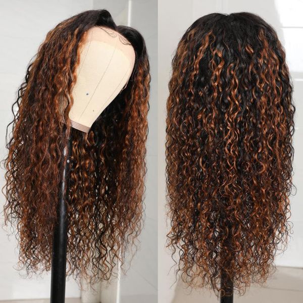 

lace wigs 13x4 frontal wig water wave brown balayage peruvian human hair for women caramel ombre highlight front, Black;brown