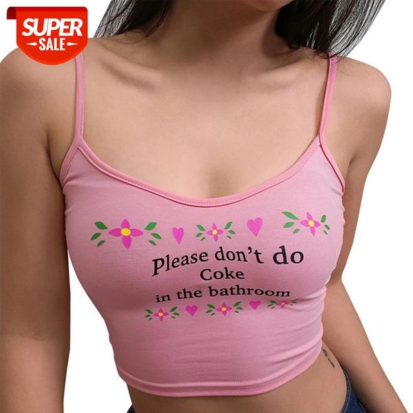 

2020 women strappy cotton letter print tank vest summer short crop camis tees ladies #vp5b, White