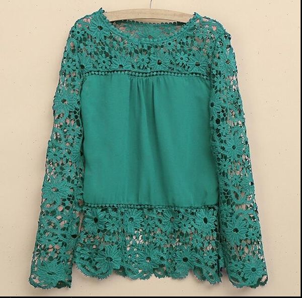 

plus size 4xl 5xl 2021 new spring autumn women long sleeved chiffon blouse hollow flower lace blouse shirt crochet, White