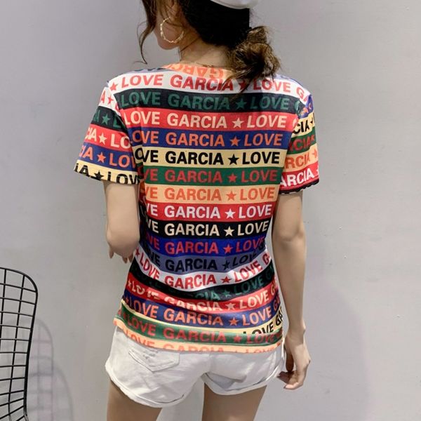 

2021 new summer korean style t-shirt fashion o-neck raiow striped print letter women short sleeve ropa mujer casual tees t08214l 3gz4, White