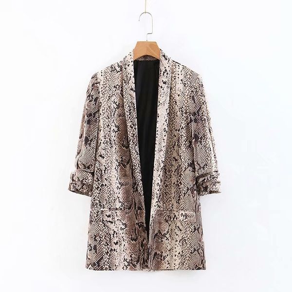 

ladies blazer autumn casual snake print no buckle pleat sleeves long suit ladies jacket fashion women's clothing 210527, White;black