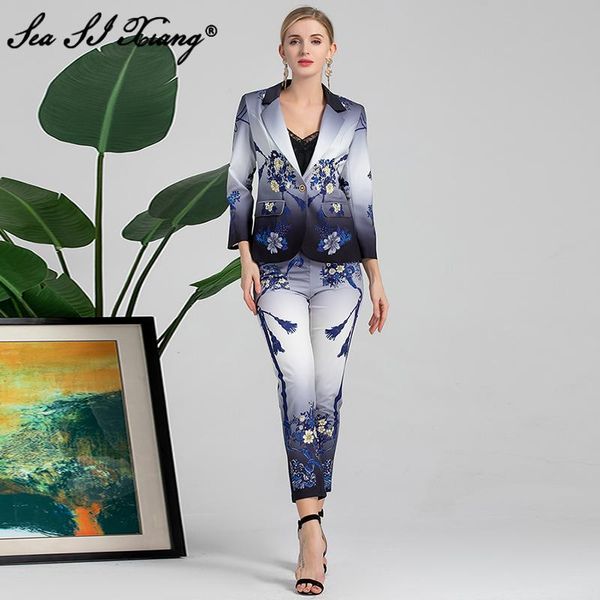 

women's two piece pants seasixiang fashion designer autumn suit women turn-down collar single button coat + pencil flower print set, White