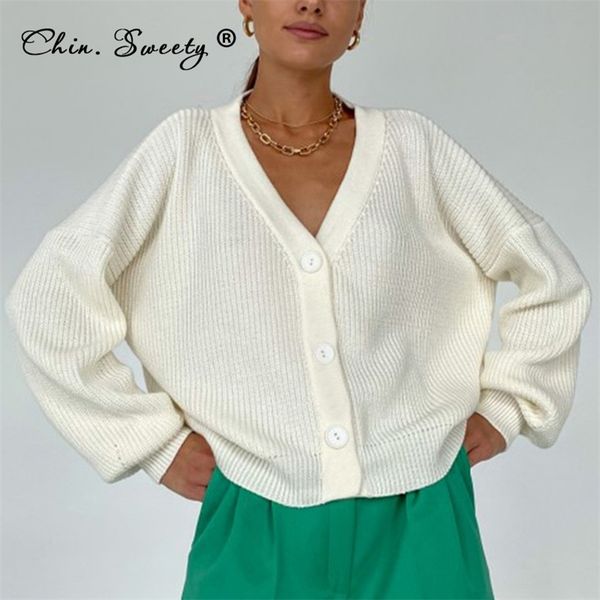 

knitted cardigan for women long sleeve solid v-neck single breasted oversize sweater coat autumn button female cardigans 210918, White;black