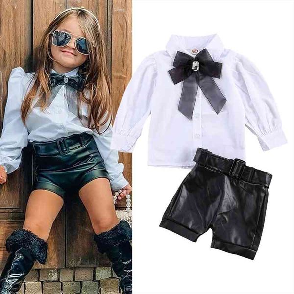 

toddler baby girls clothes set fashion puff long sleeve stand collar shirts pu leather shorts kids autumn outfits suits, White
