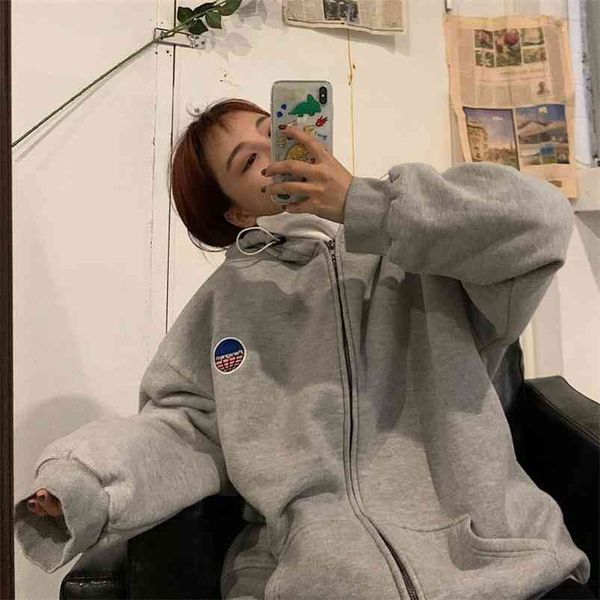 

oversized zip up sweatshirt streetwear loose long-sleeved korean style jacket autumn zipper women black hoodie 210721