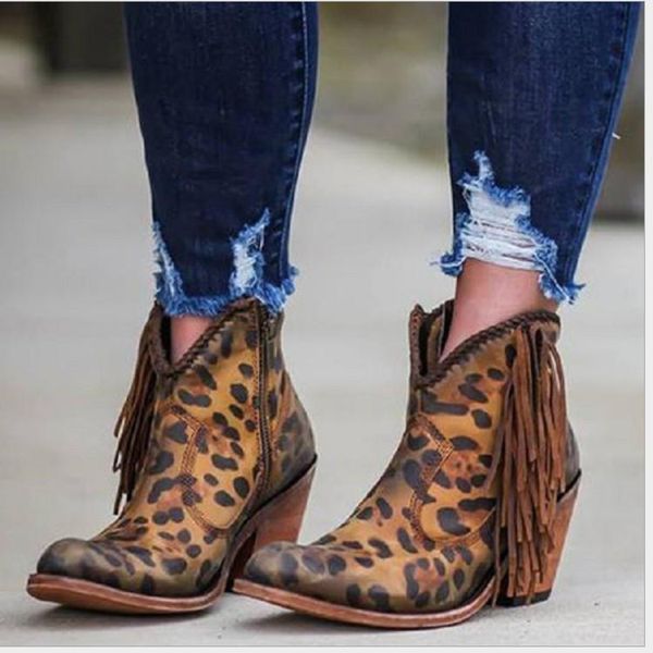 

boots ankle women leopard tassel platform shoes leather retro suede bohemian autumn winter side zip high heels 2021, Black