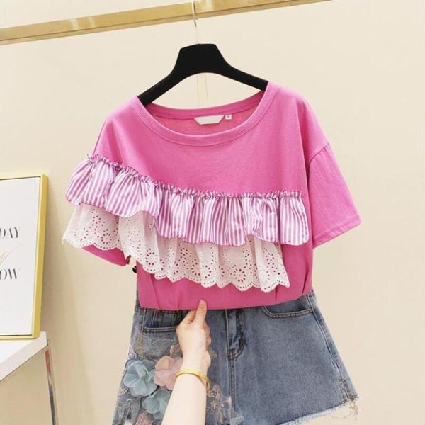 

women's t-shirt lace striped panel ruffles pure cotton short sleeve women 2021 summer loose t shirt girls shirts tees w74, White