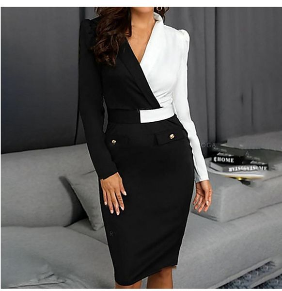 

2021 new women elegant long sleeve black and white patchwork casual party work office fitted stretch slim pencil sheath bodycon 5dmo, Black;gray