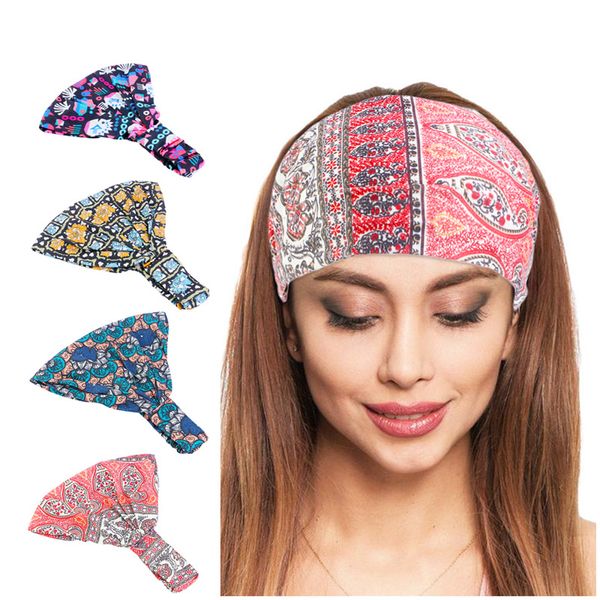 Neue Boho Blumendruck breite Stirnbänder Vintage elastische Turban Headwrap für Frauen Mädchen weiche Bandana Haar-Accessoires