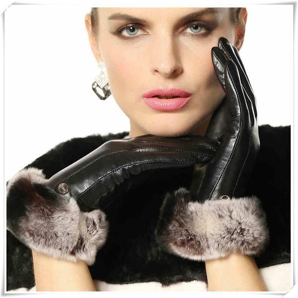 

fingerless gloves women leather woman sheepskin thick lining with genuine hair mittens, Blue;gray