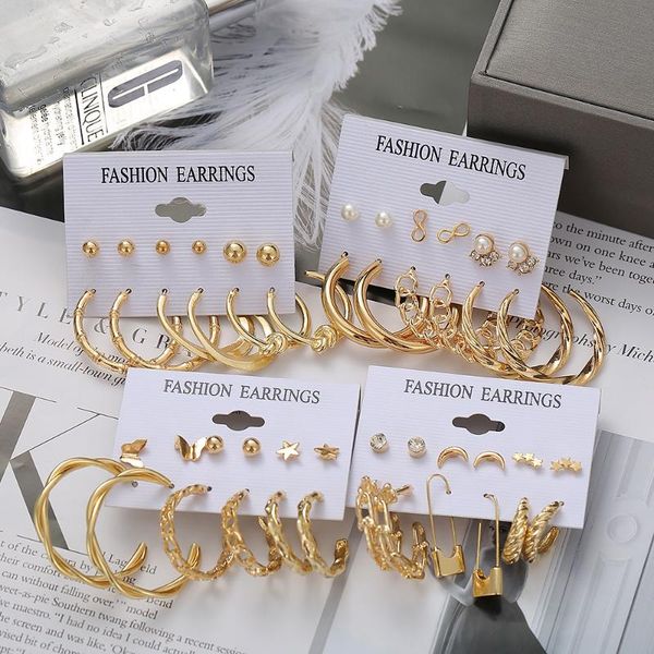 

stud 2021 fashion trend jewelry metal circle chain earrings set creative heart pin butterfly gift, Golden;silver