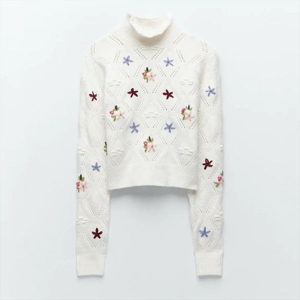 

spring and autumn women sweaters stand collar short white long sleeve flower embroidery t shirt pullover female, White;black
