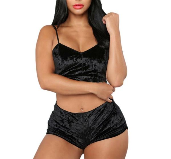 

bras sets 2021 fashion women 2pcs velvet sleepwear spaghetti strap shorts pajama set ladies female party, Red;black