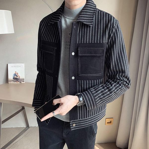

men's wool & blends autumn men winter slim striped woolen coats male thickened warm jackets single breasted short outwear o266, Black