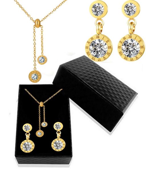 

earrings & necklace 316l stainless steel double zircon roman numeral elements super flash crystal stud set gift box, Silver