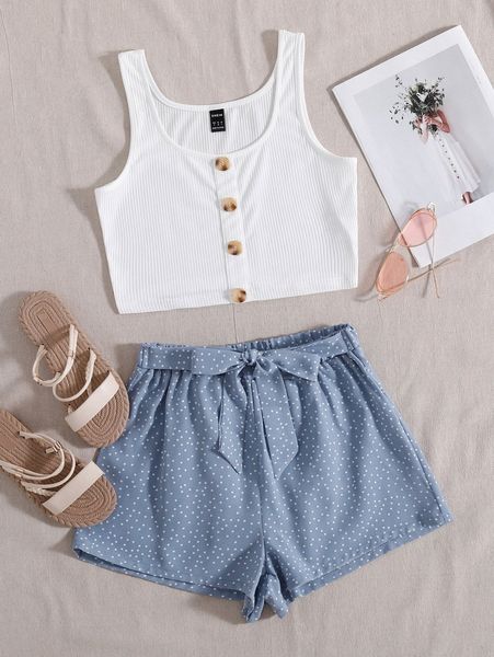 

button front tank & polka dot print belted shorts set d60t#, White
