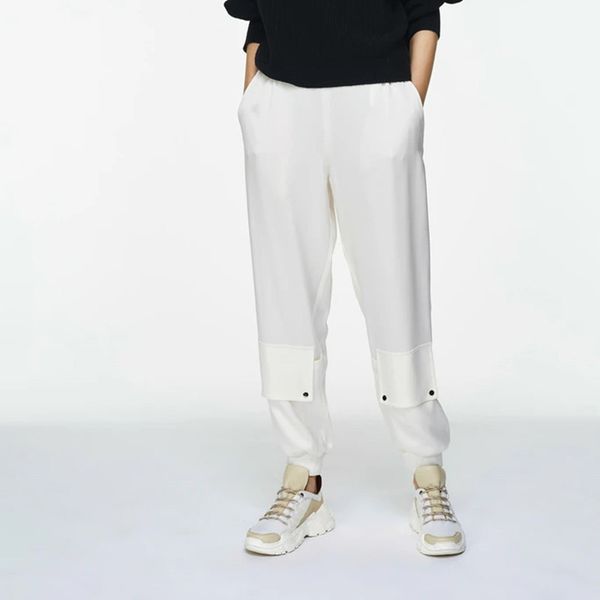 

2021 elastic high waist pants women'sthin new simple long trousers oxya, Black;white