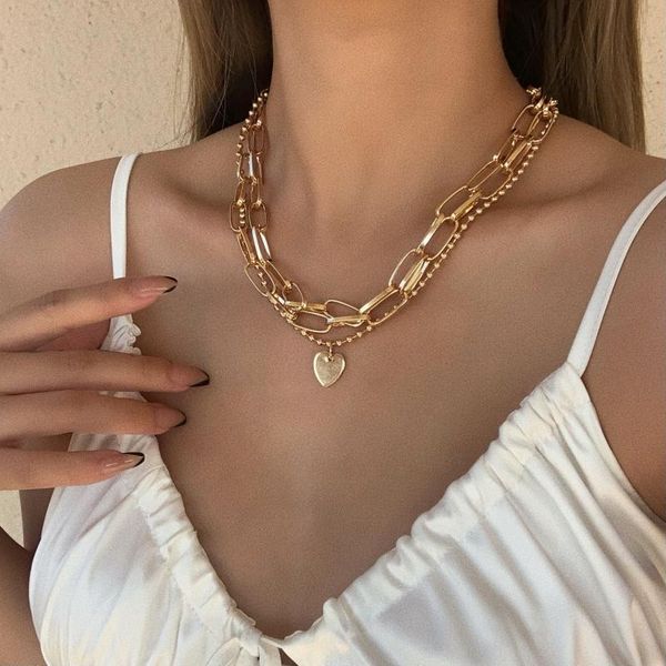 

pendant necklaces punk 3pc gold color metal chain heart love choker for women statement jewelry collar bijoux wholesale, Silver