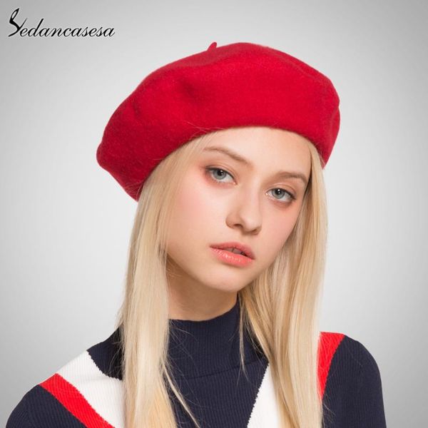 

berets sedancasesa women beret hat knitted wool autumn winter warm solid colors 2021 female bonnet hats for cute cap, Blue;gray
