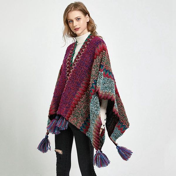 

christmas scarf gift wool-like stripe weave cardigan sweater knit ball multi-color lovers shawl long cashmere poncho scarves, Blue;gray
