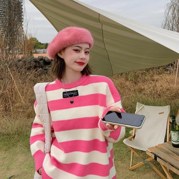 

women's sweaters contrast striped sweater 2021 autumn korean loose lazy style round neck pullover college women qm*, White;black