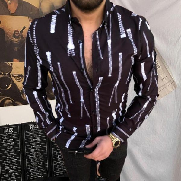 

men's casual shirts shirt summer style 2021 lapel all-match striped printing long-sleeved holiday travel for men, White;black