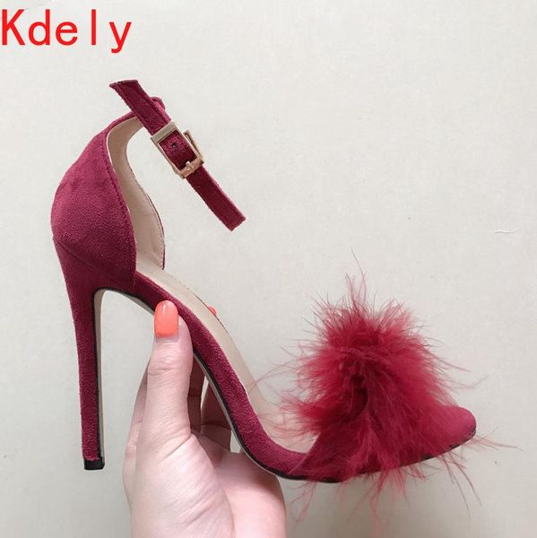 

fashion 11cm heels designers summer shoes women stiletto sandalen open toe fluff strappy thin high heels lace up fur sandals, Black