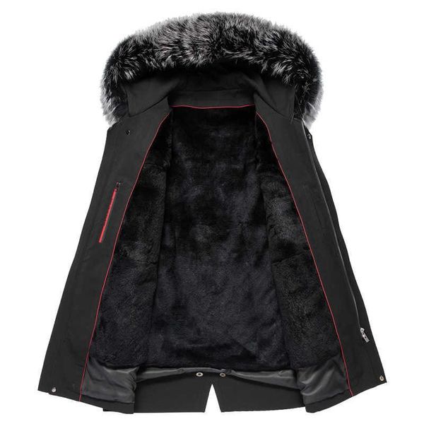 

men's leather & faux winter 2021 fur lining jacket mid-length casual big collar coat detachable, Black