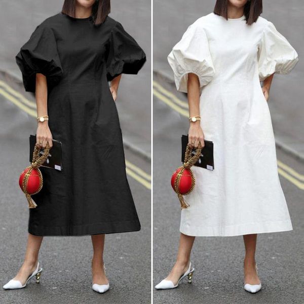 

white dress 2021 summer women lantern sleeve party mid-calf dress office lady sundress casual loose robe plus size vestido, Black;gray