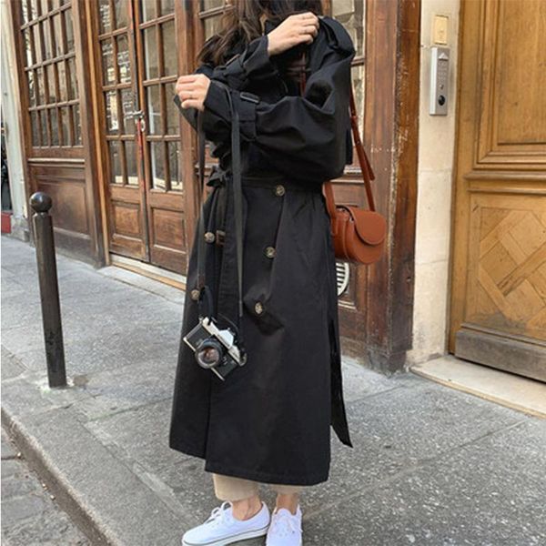 

women's trench coats windbreaker female 2021 large size loose khaki style long autumn coat, Tan;black