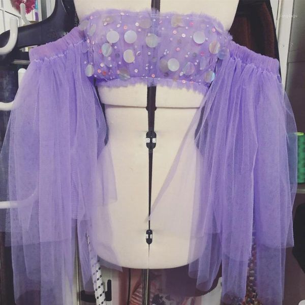 

real image lavender beaded sequined mini women blouse with puffy full sleeve summer off the shoulder women's blouses & shirts, White