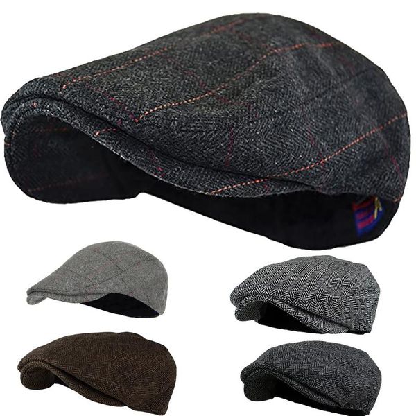 

berets men women soft plaid retro hats casul breathable winter warm comfort beret painters cotton herringbone flat caps, Blue;gray