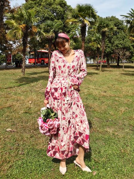 

women bohemian v neck floral print long sleeve dress pink holiday bow tide sashes single-breasted maxi long dresses beach, Red